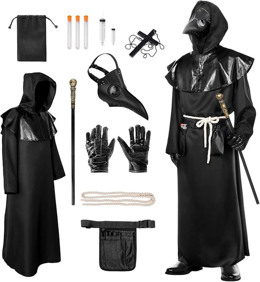 Plague Doctor Costume Suit, Plague Doctor Outfit Steampunk Fancy Dress Plague Doctor Robe with Plague Doctor Mask Scepter Cross Necklace Belt Pouch, Halloween Costumes for Adults