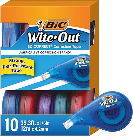 Correct Tear-Resistant Correction Tape with 39.3 ft of Tape, 10-Count Pack in White