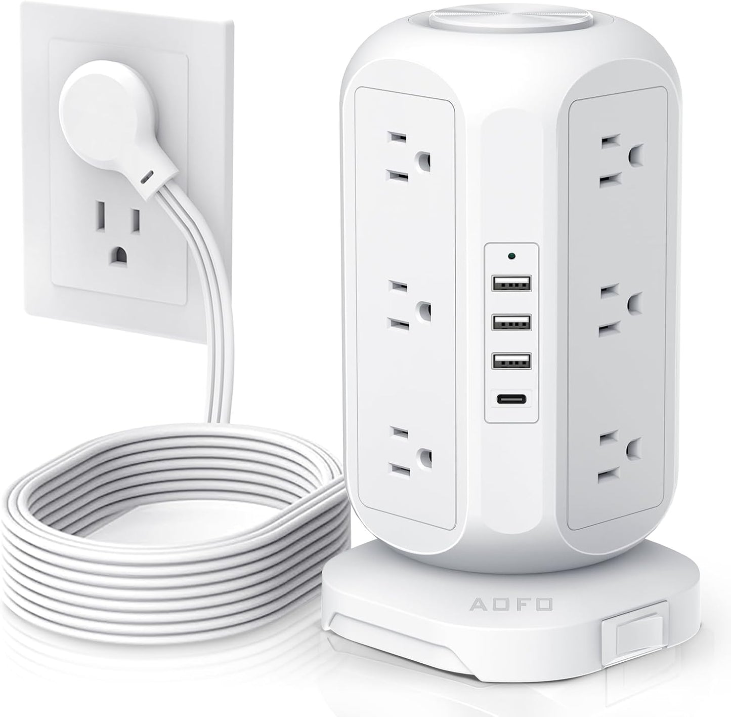 Tower Power Strip Flat Plug with 12 Outlets 4 USB(1 USB C) Surge Protector Charging Station with Overload Protection, Widely Spaced Multiple Outlets 10Ft Extension Cord for Home, Dorm,Office