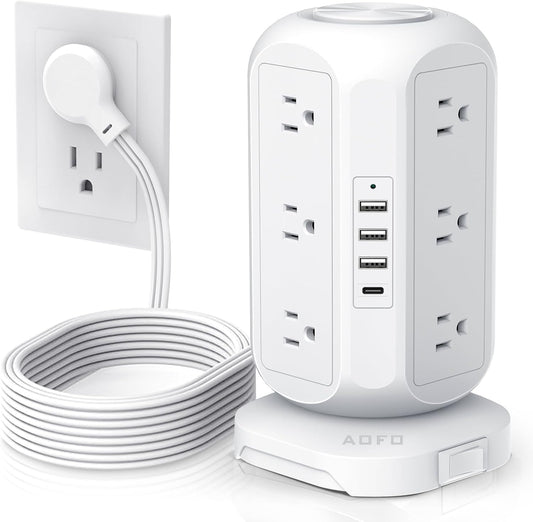 Tower Power Strip Flat Plug with 12 Outlets 4 USB(1 USB C) Surge Protector Charging Station with Overload Protection, Widely Spaced Multiple Outlets 10Ft Extension Cord for Home, Dorm,Office