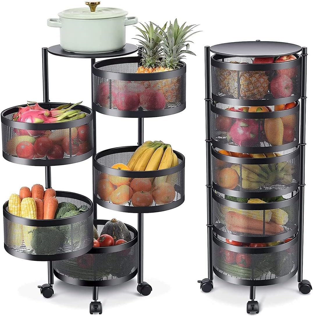 Metal Kitchen Trolley Trolley with 5 Openable Basket Shelves and 4 360 Degree Swivel Wheels Space-Saving Trolley Home Kitchen Furnishing, Size 85 x 30 cm, Modern Design (Round)