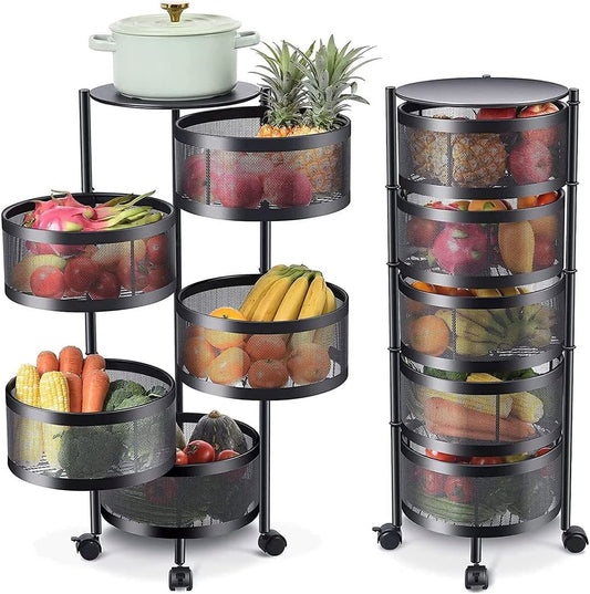 Metal Kitchen Trolley Trolley with 5 Openable Basket Shelves and 4 360 Degree Swivel Wheels Space-Saving Trolley Home Kitchen Furnishing, Size 85 x 30 cm, Modern Design (Round)