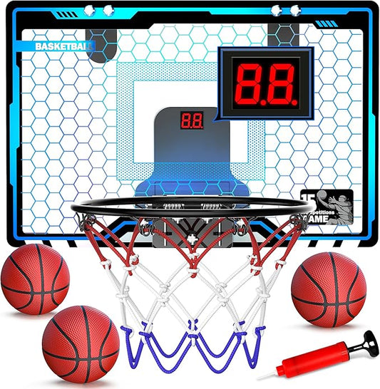 Indoor Mini Basketball Hoop for Kids, Basketball Hoops Over The Door with LED Lighting, Mini Hoop with Scoreboard & 3 Balls, Basketball Toys Gifts for 5 6 7 8 9 10 11 12 Year Old Boys Girls