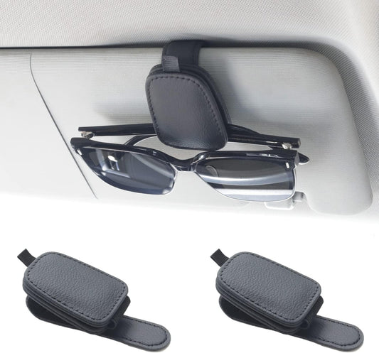Sunglass Holder for Car, Magnetic Leather Sunglasses Holder and Ticket Card Clip, Car Visor Accessories, 2 Packs (Black)