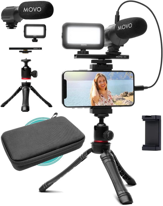 iVlogger Vlogging Kit for iPhone - Lightning Compatible YouTube Starter Kit for Content Creators - Accessories: Phone Tripod, Phone Mount, LED Light and Shotgun Microphone