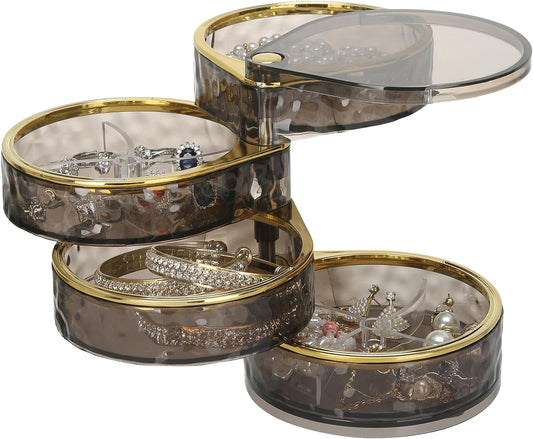 4-Layers Rotatable Jewelry Organizer Storage Box, Clear Jewelry Holder Case for Ring Earring Necklaces Bracelets Makeup Hair Accessories