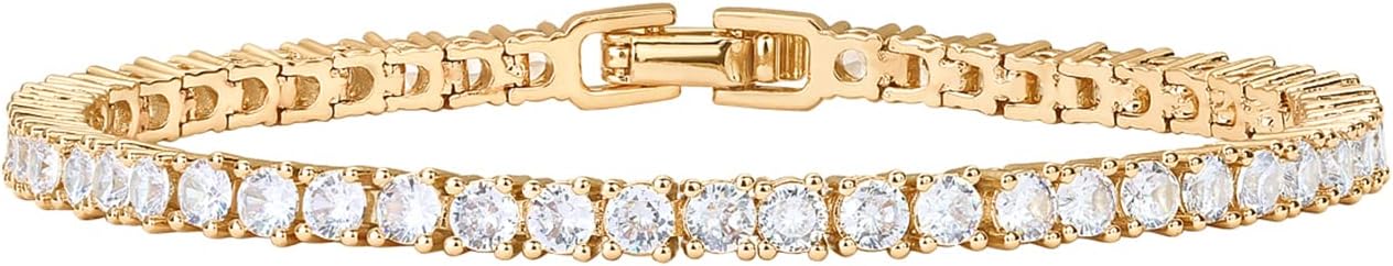 14K Gold Plated 3mm Cubic Zirconia Classic Tennis Bracelet | Gold Bracelets for Women | Size 6.5-7.5 Inch