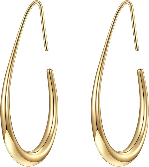 Lightweight Teardrop Hoop Earrings for Women - 14k Gold/White Gold Plated Large Oval Pull Through Hoop Earrings High Polished Statement Jewelry Gift for Women