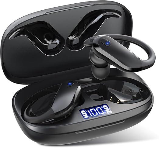 Wireless Earbuds Bluetooth 5.3 Headphones Sport,IPX7 Waterproof Sports Earphones with Earhooks,48H Playtime,Lightweight 7.8g,Fast Charging Case,Noise Cancelling Mic for Running Gym Workout-Black