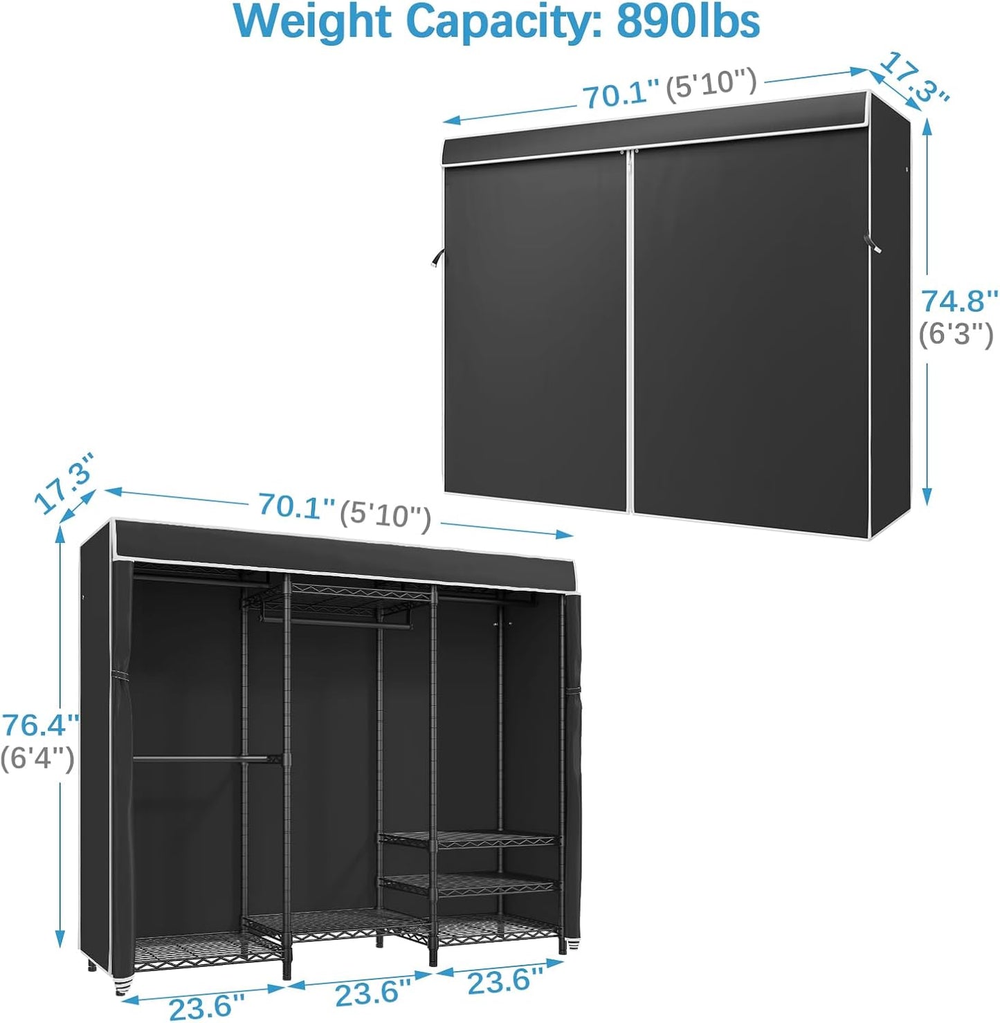 Heavy Duty Covered Clothes Rack Portable Bedroom Armoires Rack, Black Metal Clothing Rack with Black Cover, Adjustable Custom Freestanding Closet Wardrobe, Max Load 800LBS