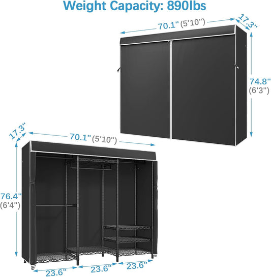 Heavy Duty Covered Clothes Rack Portable Bedroom Armoires Rack, Black Metal Clothing Rack with Black Cover, Adjustable Custom Freestanding Closet Wardrobe, Max Load 800LBS