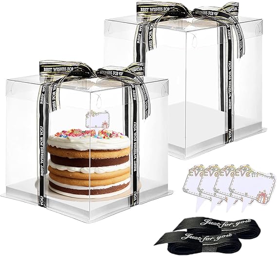 Clear Cake Box, 2 Pcs Transparent Cake Carrier Box with Lids, 4'' PET Cake Packaging Boxes with Ribbon Gift Card for Pastries, Clear Gift Boxes for Birthday, Wedding and Festival Party, White.