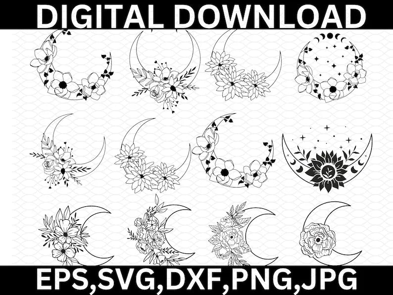 Floral moon svg bundle\ Moon with flowers svg\ dxf png jpg\ Celestial moon svg bundle\ Moon flower with feathers svg\ Instant Download