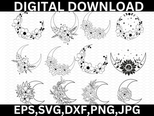 Floral moon svg bundle\ Moon with flowers svg\ dxf png jpg\ Celestial moon svg bundle\ Moon flower with feathers svg\ Instant Download