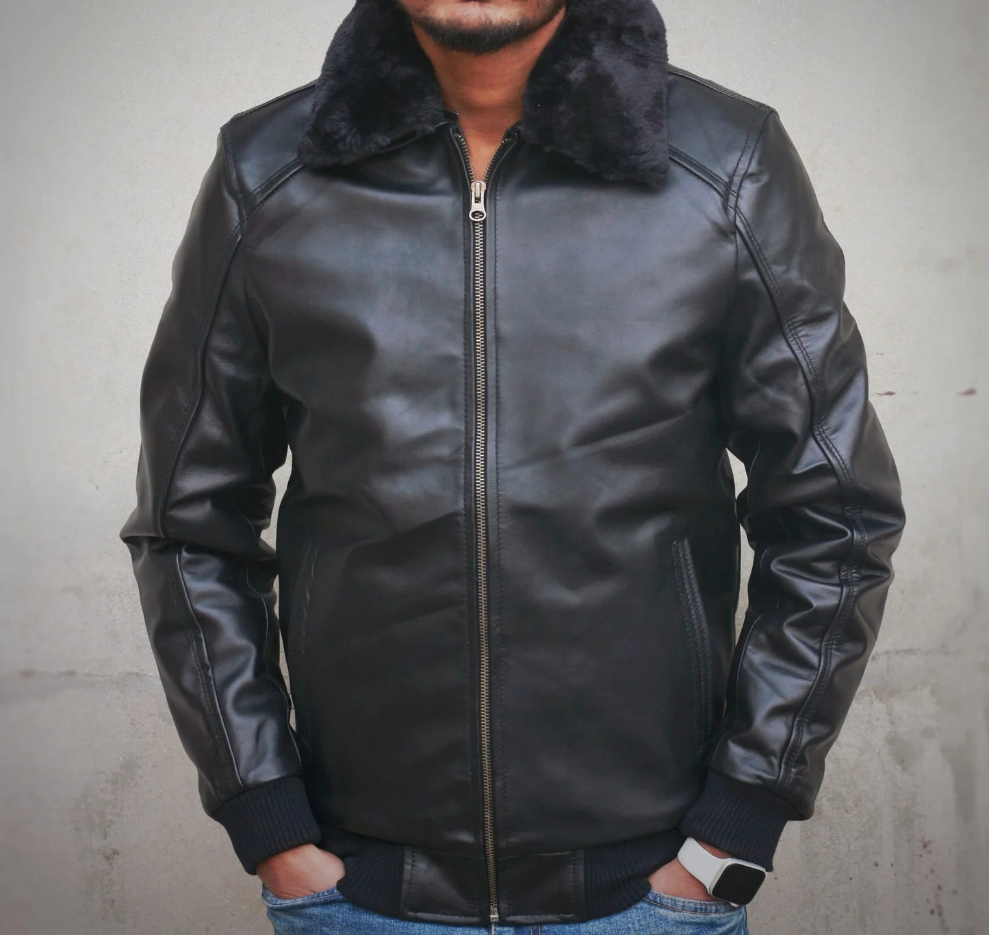 Leather Jacket with Fur Collar