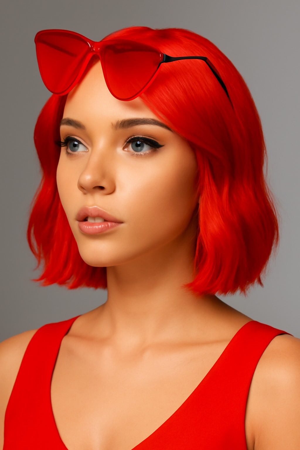 Wig and Sunglasses 12 Inch Short Bob Wigs with Bangs for Women Costume Cosplay Party (Red)