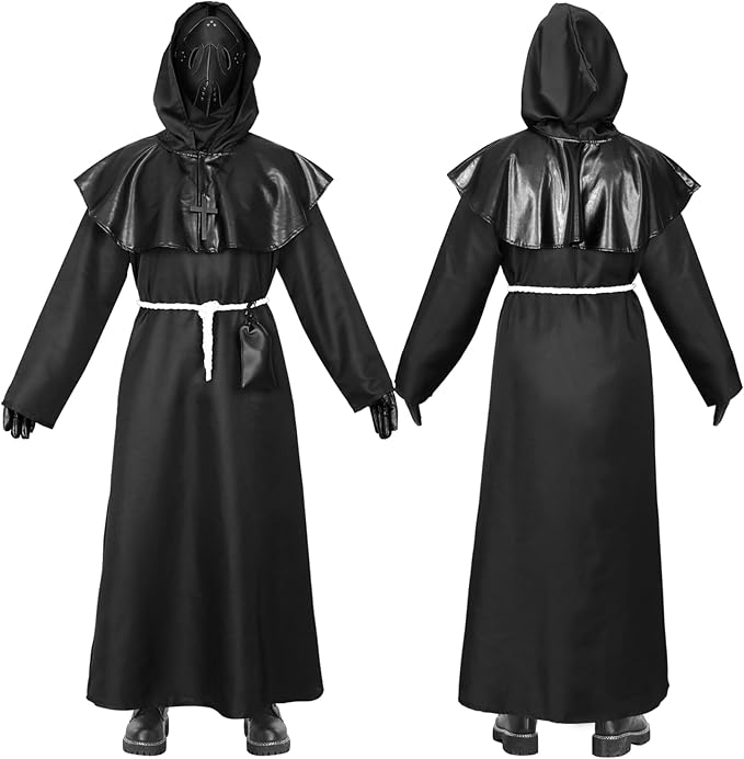 Plague Doctor Costume Suit, Plague Doctor Outfit Steampunk Fancy Dress Plague Doctor Robe with Plague Doctor Mask Scepter Cross Necklace Belt Pouch, Halloween Costumes for Adults
