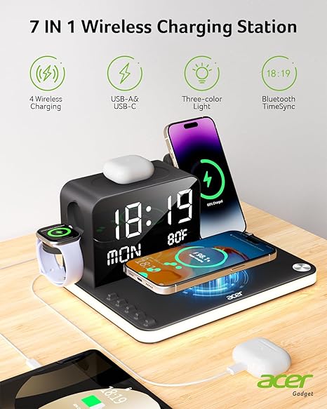 7-in-1 Wireless Charging Station: Charger Stand for Multiple Devices for Apple - iPhone 16 15 14 13 12 Pro Max Apple Watch Airpods, Wireless Charger iPhone Charging Station with Bluetooth TimeSyn