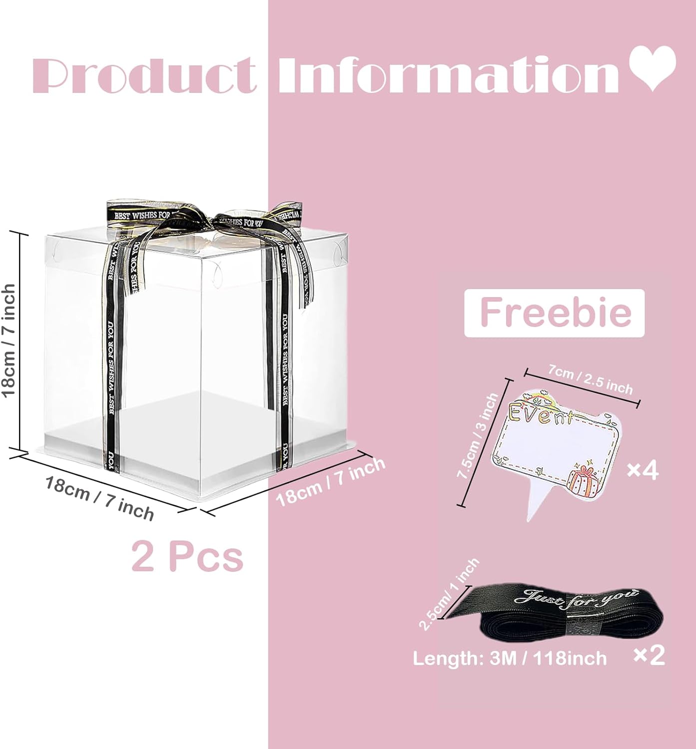 Clear Cake Box, 2 Pcs Transparent Cake Carrier Box with Lids, 4'' PET Cake Packaging Boxes with Ribbon Gift Card for Pastries, Clear Gift Boxes for Birthday, Wedding and Festival Party, White.