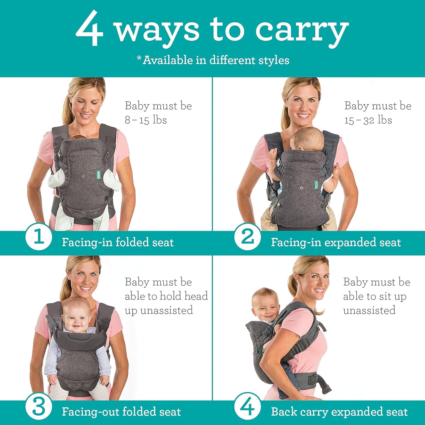 Flip 4-in-1 Convertible Baby Carrier, Adjustable, Ergonomic Babywearing, Registry Essential, Baby Carrier for Newborn to Toddler, Gray