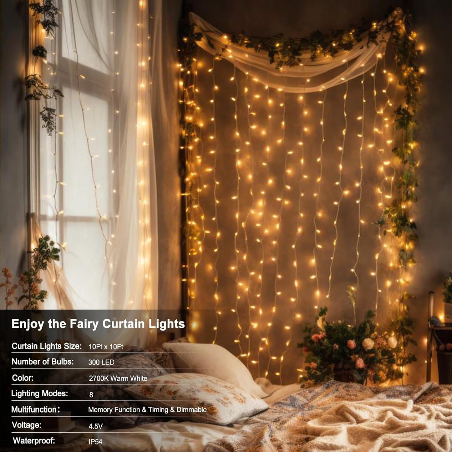 300 LED Curtain Lights Battery Operated, 9.8ft×9.8ft Hanging Light with Remote Timer Fairy Curtain Lights for Bedroom Patio Wedding Backdrop Party Decór (Warm White)