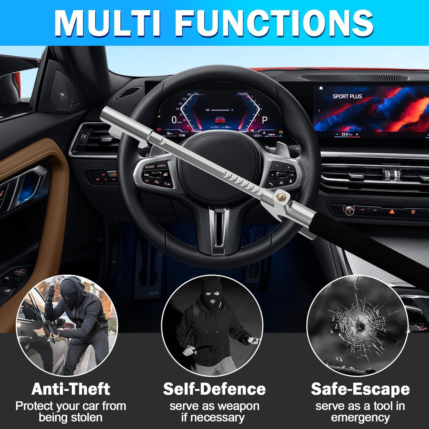Steering Wheel Lock Universal Security Car Locks with Safety Hammer Heavy Duty Carro Wheel Locks Retractable Anti-Theft Prevention Device for Truck|SUV|Van Accessories, Black