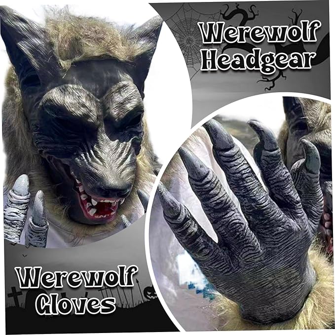 Costume da mannaro, maschera mannaro costume di Halloween Maschera realistica e 1 paio di guanti zampe per il cosplay da festa di Halloween vestirsi