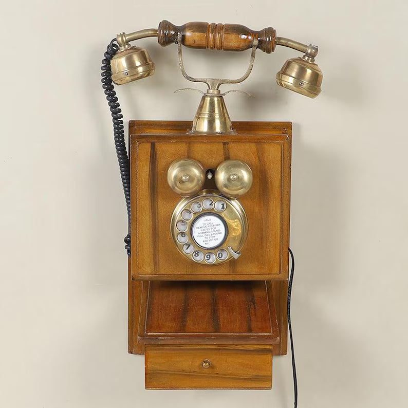Vintage Rotary Wall Phone - Antique Wooden Wall Mount Telephone with Brass Components