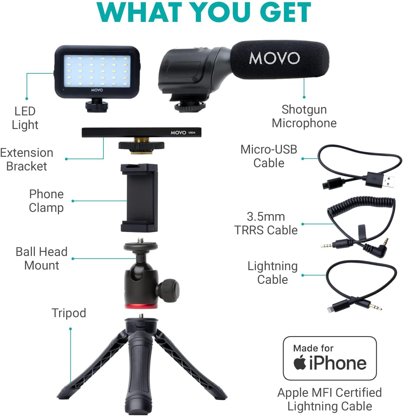 iVlogger Vlogging Kit for iPhone - Lightning Compatible YouTube Starter Kit for Content Creators - Accessories: Phone Tripod, Phone Mount, LED Light and Shotgun Microphone