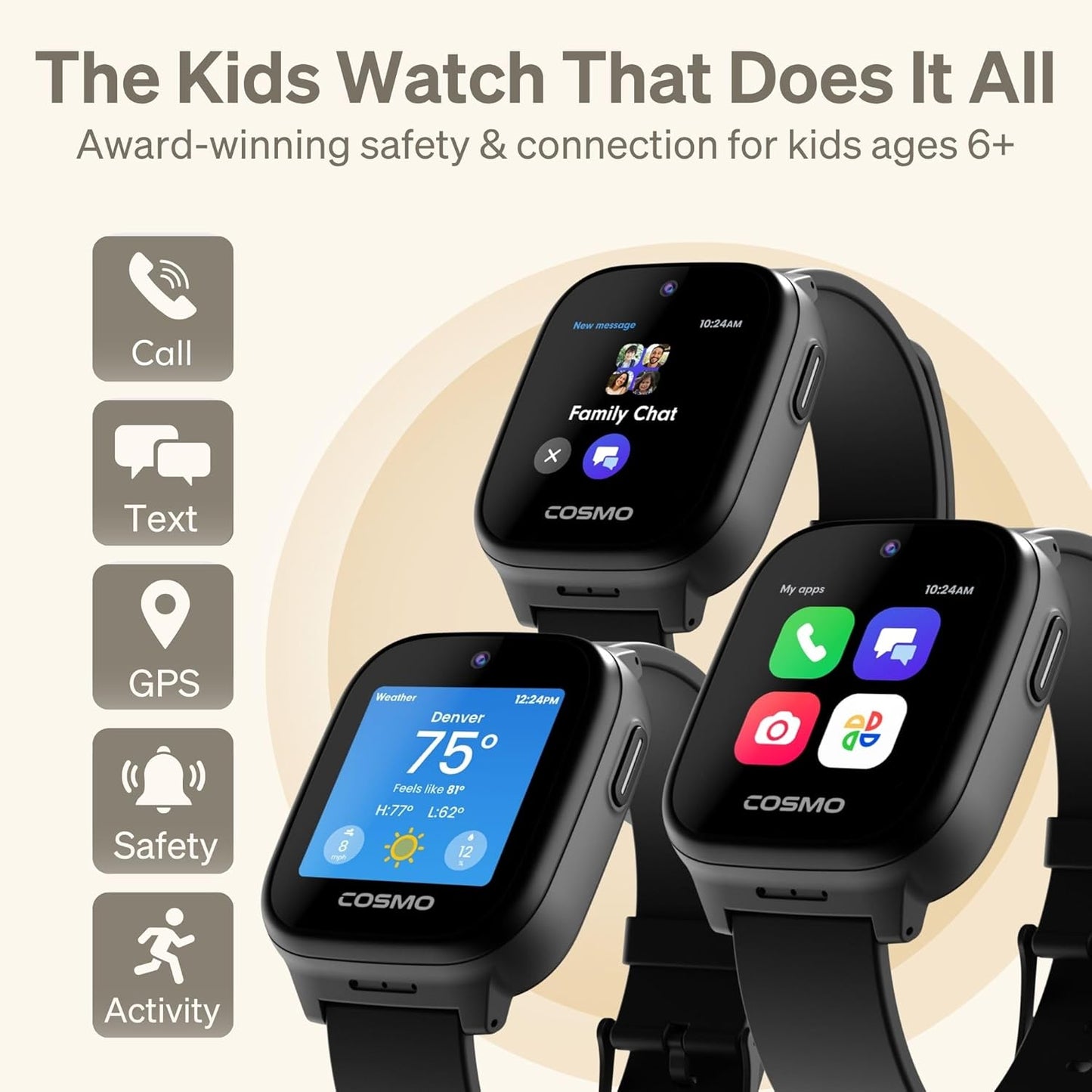 Kids Smart Watch by Cosmo | Best Kid-Safe Phone Watch | Precision Real-Time GPS Tracking | Call, Text, Activity, School Settings | Spotify Music | Parental Controls | SOS & Safety Alerts