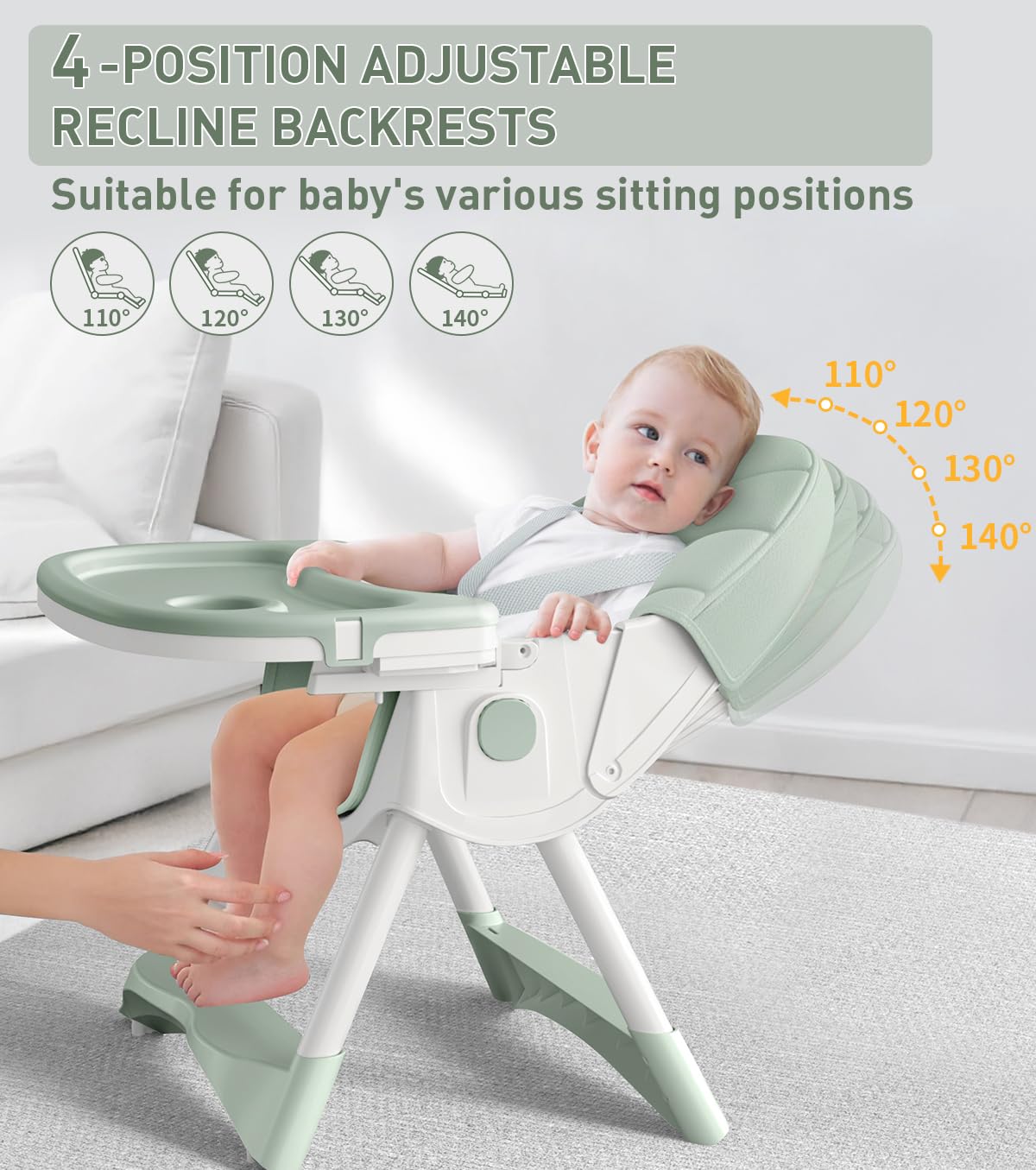 Baby High Chair, 5 in 1 High Chairs for Babies and Toddlers, Travel Foldable High Chair with Foot Rest, Detachable PU Cushion, Double Removable Tray, Adjustable Height & Recline