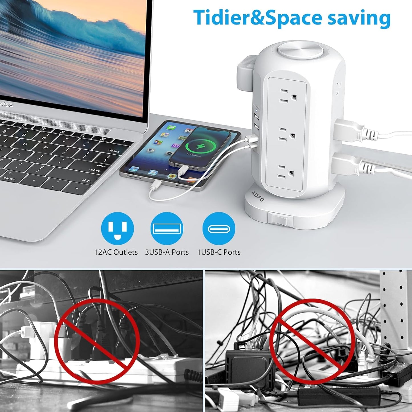 Tower Power Strip Flat Plug with 12 Outlets 4 USB(1 USB C) Surge Protector Charging Station with Overload Protection, Widely Spaced Multiple Outlets 10Ft Extension Cord for Home, Dorm,Office