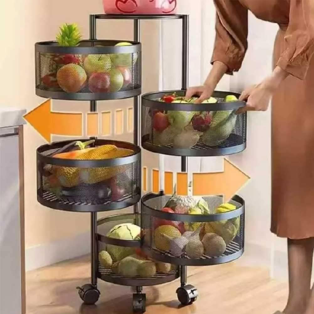 Metal Kitchen Trolley Trolley with 5 Openable Basket Shelves and 4 360 Degree Swivel Wheels Space-Saving Trolley Home Kitchen Furnishing, Size 85 x 30 cm, Modern Design (Round)