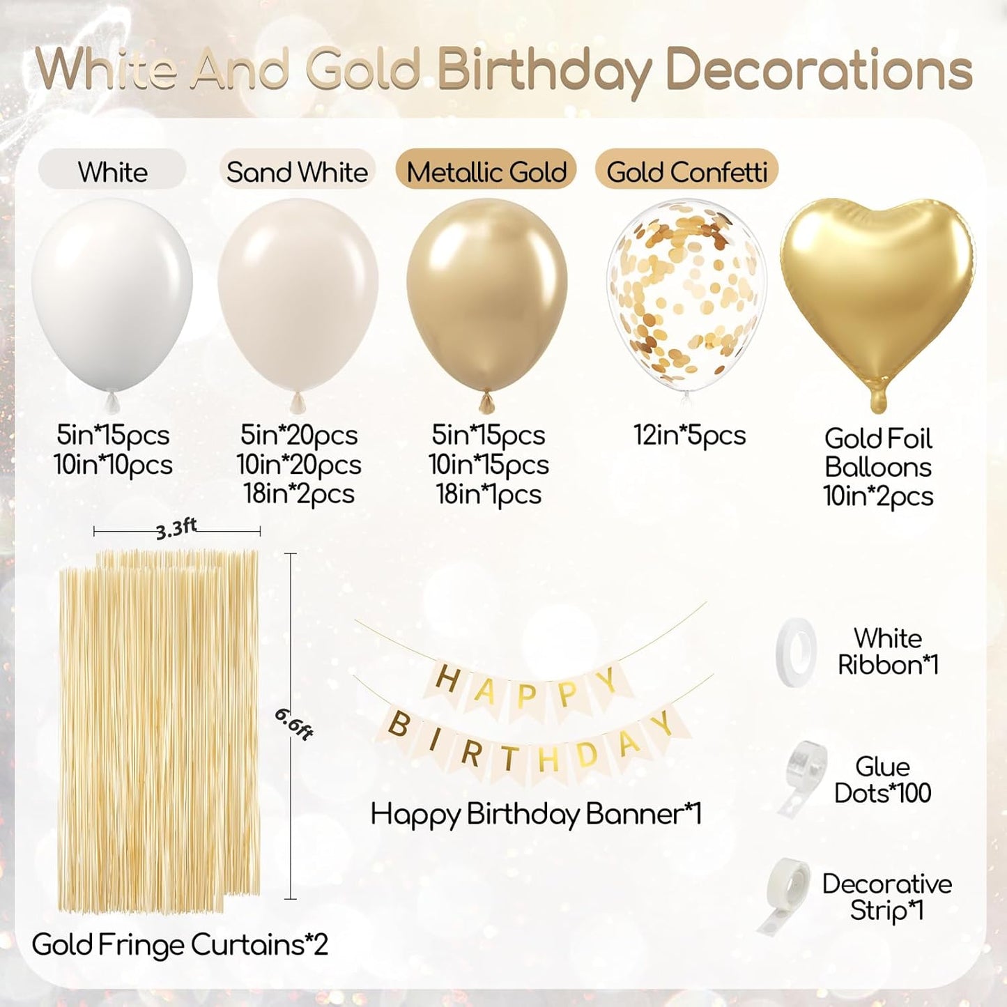 White and Gold Birthday Decorations for Women with Sand White Metallic Gold Confetti Foil Balloons Fringe Curtain Bannner for Golden Birthday Party Decorations for Women