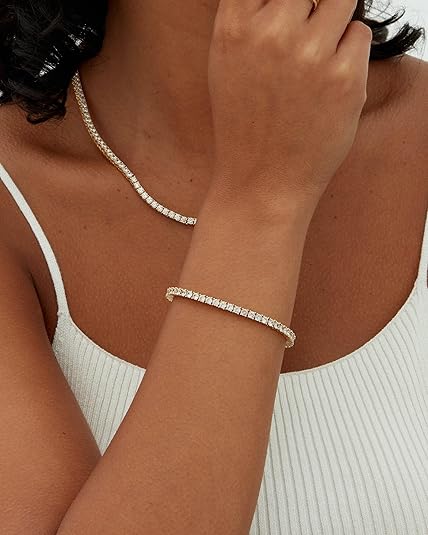 14K Gold Plated 3mm Cubic Zirconia Classic Tennis Bracelet | Gold Bracelets for Women | Size 6.5-7.5 Inch