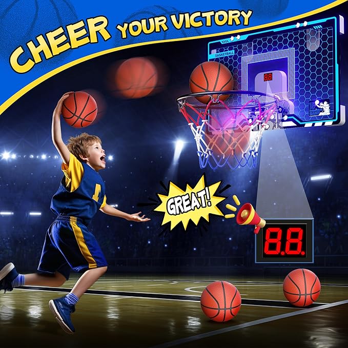 Indoor Mini Basketball Hoop for Kids, Basketball Hoops Over The Door with LED Lighting, Mini Hoop with Scoreboard & 3 Balls, Basketball Toys Gifts for 5 6 7 8 9 10 11 12 Year Old Boys Girls