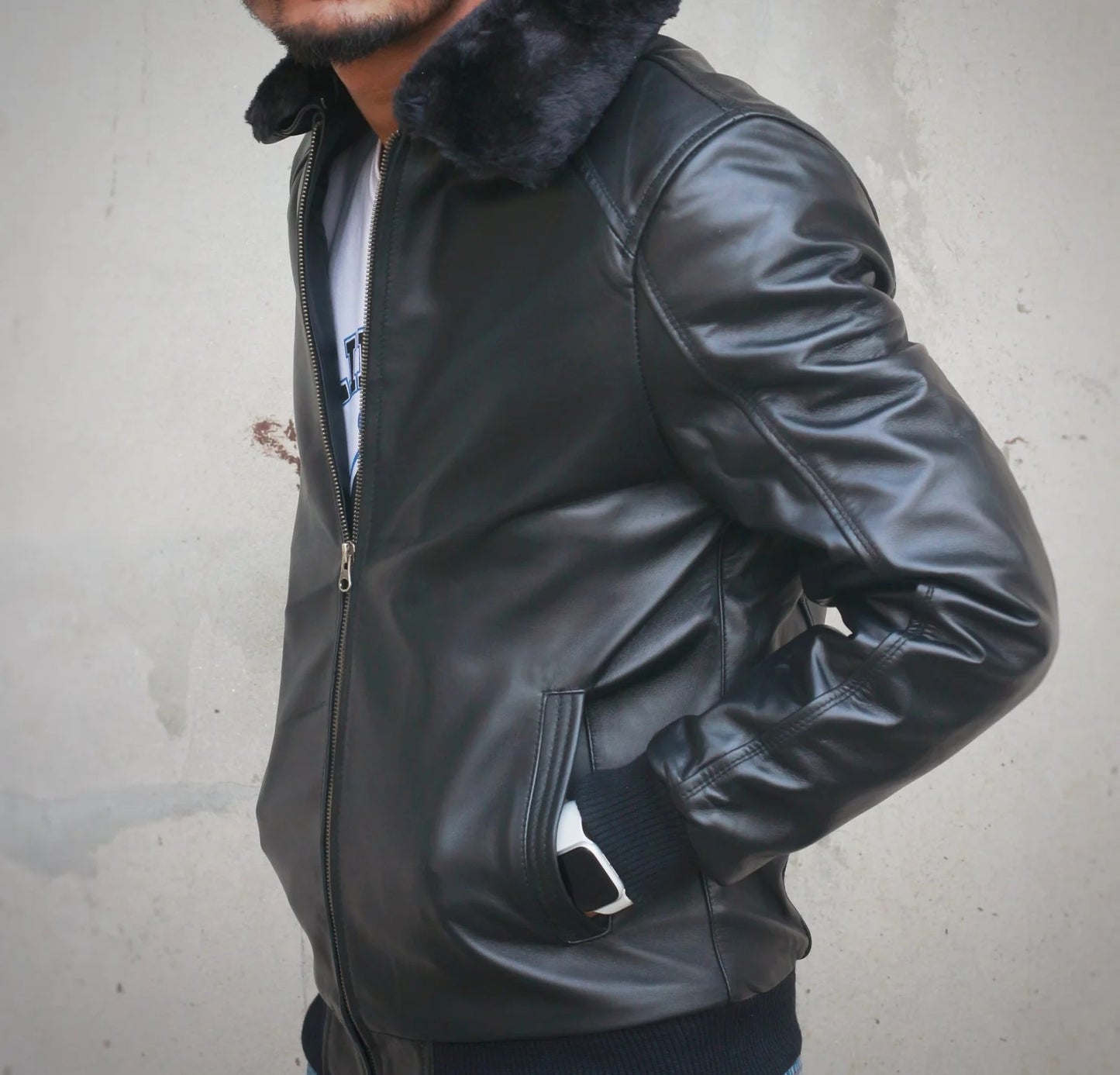 Leather Jacket with Fur Collar