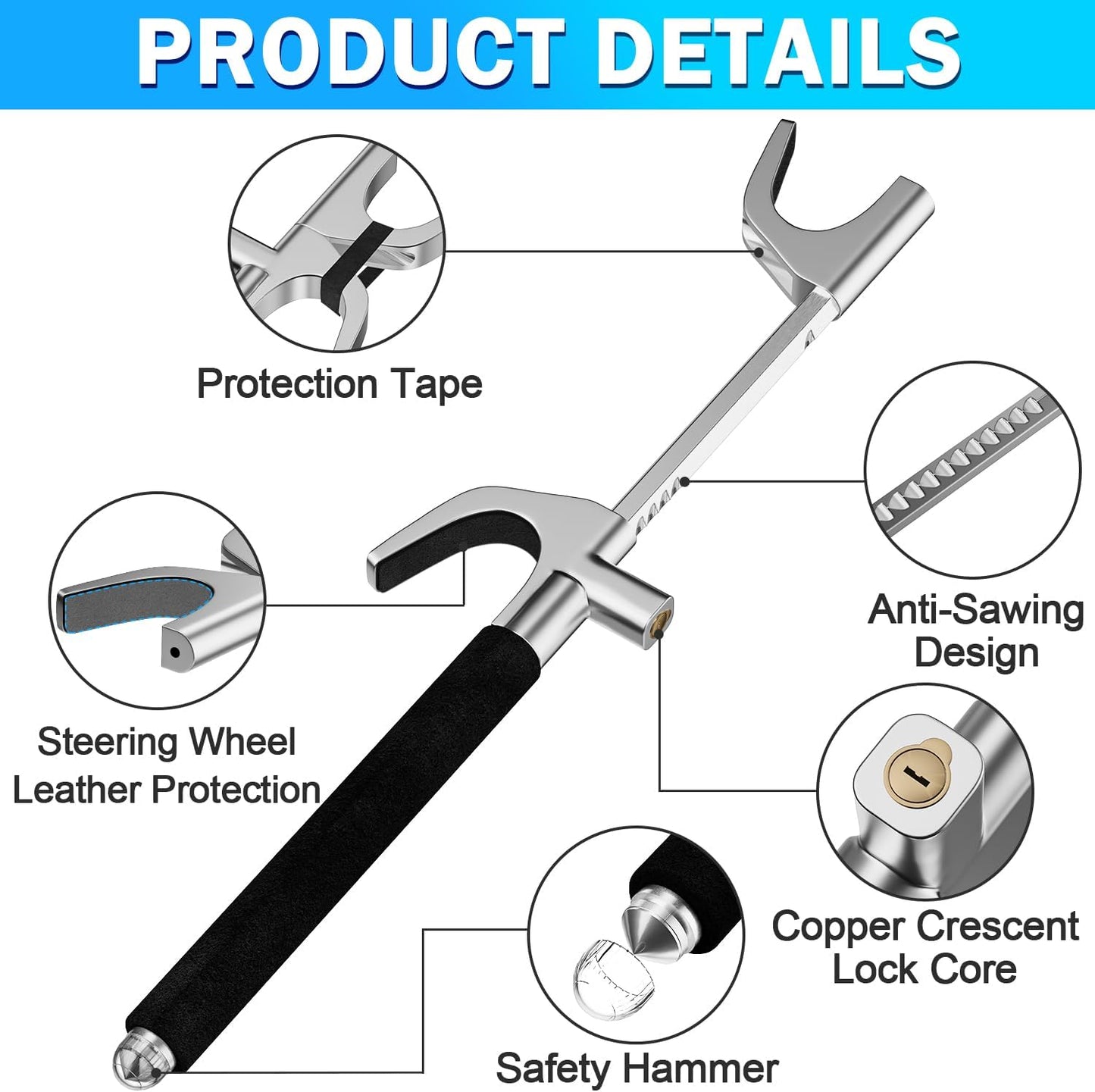 Steering Wheel Lock Universal Security Car Locks with Safety Hammer Heavy Duty Carro Wheel Locks Retractable Anti-Theft Prevention Device for Truck|SUV|Van Accessories, Black