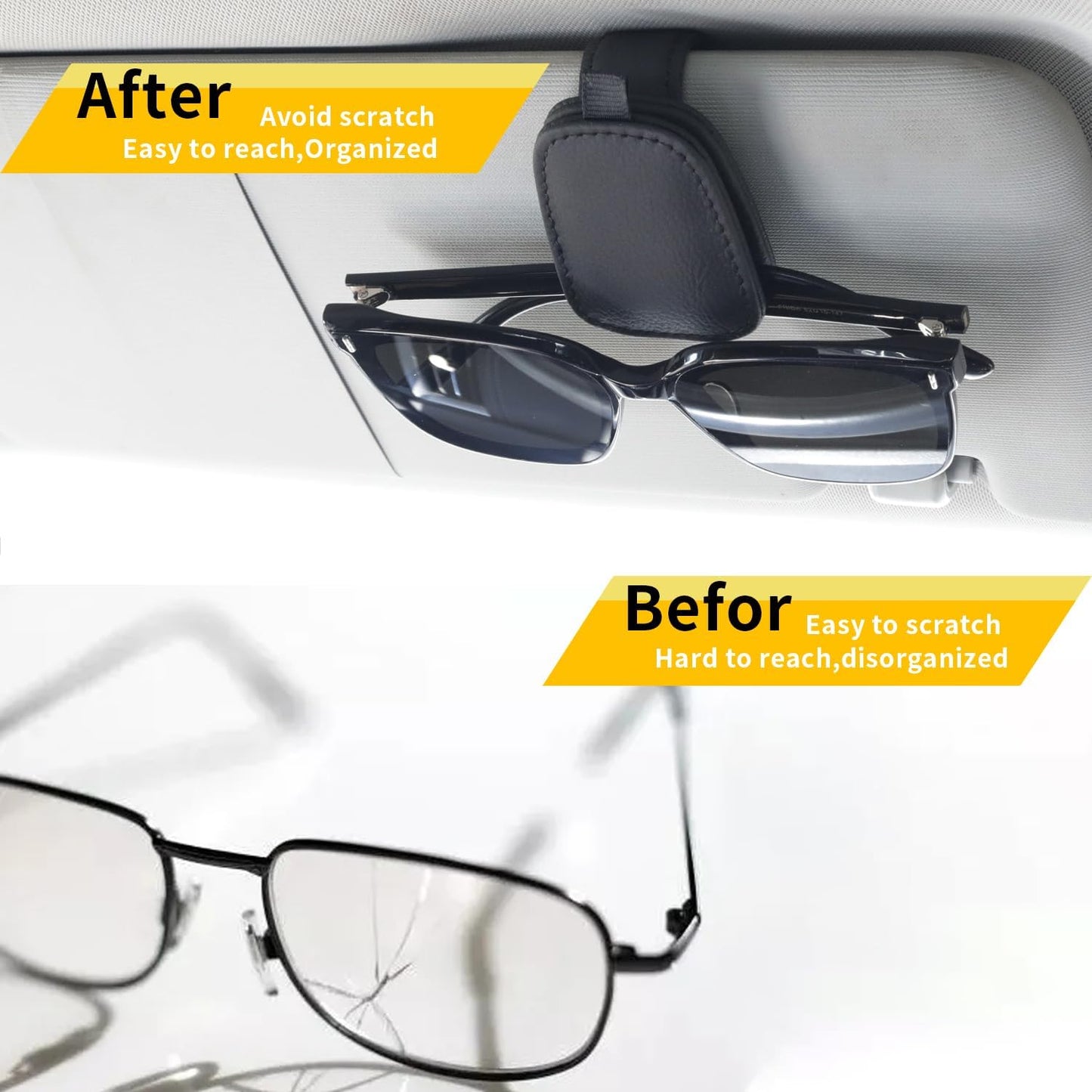 Sunglass Holder for Car, Magnetic Leather Sunglasses Holder and Ticket Card Clip, Car Visor Accessories, 2 Packs (Black)
