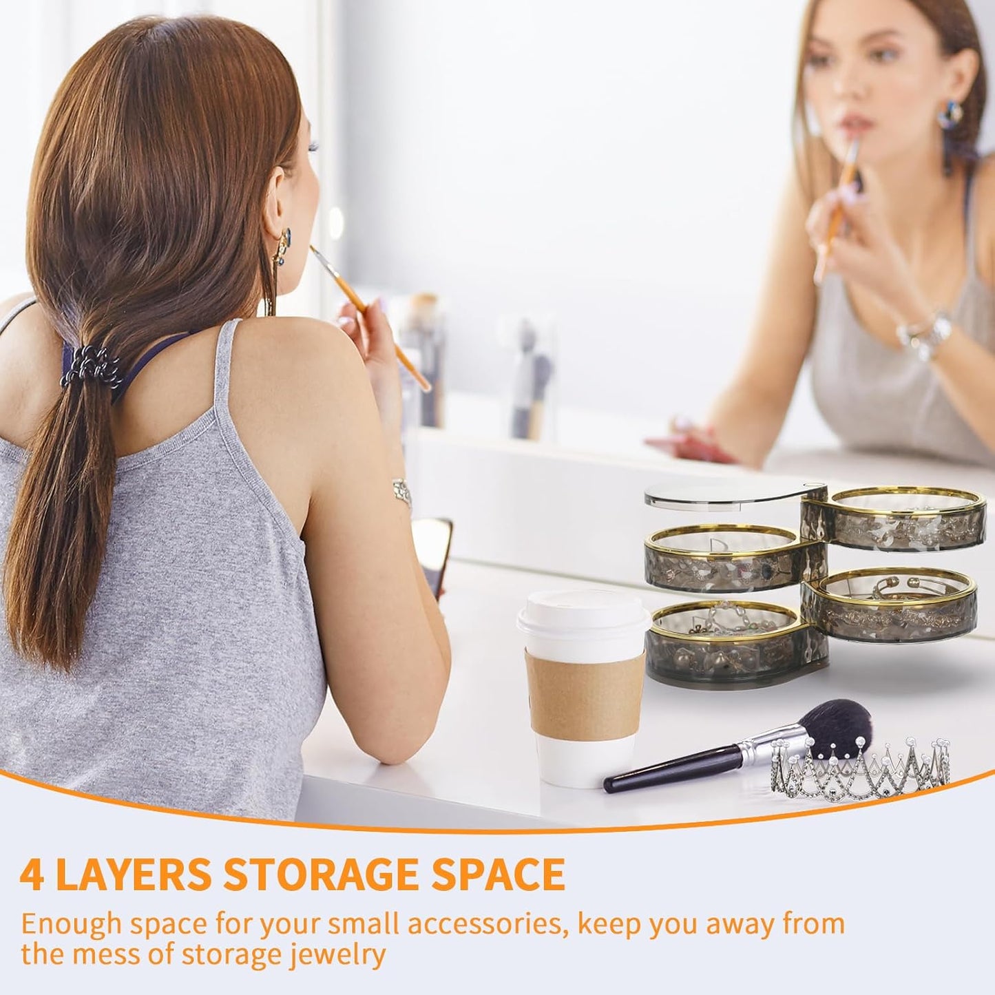 4-Layers Rotatable Jewelry Organizer Storage Box, Clear Jewelry Holder Case for Ring Earring Necklaces Bracelets Makeup Hair Accessories