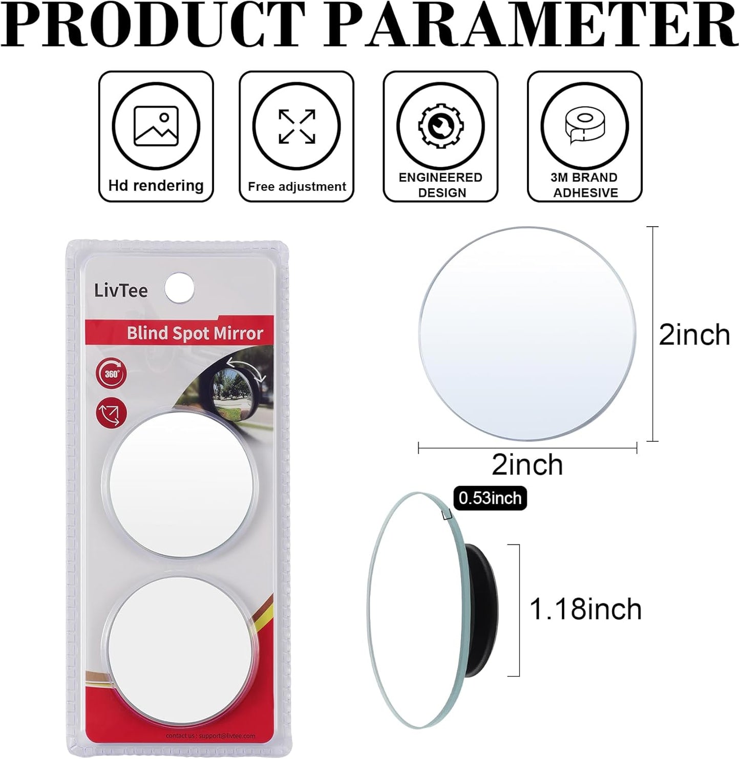Blind Spot Mirror, 2" Round HD Glass Frameless Convex Rear View Mirrors Exterior Accessories with Wide Angle Adjustable Stick for Car SUV and Trucks, Pack of 2