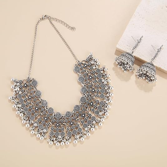 Indian Bollywood Traditional Jhumka Jewellery Set for Women Large Big Tassel Beaded Kundan Ethnic Wedding Wear Party Festival Choker Necklace Earrings Maang Tikka Traditional Fashion Antique Jewelry