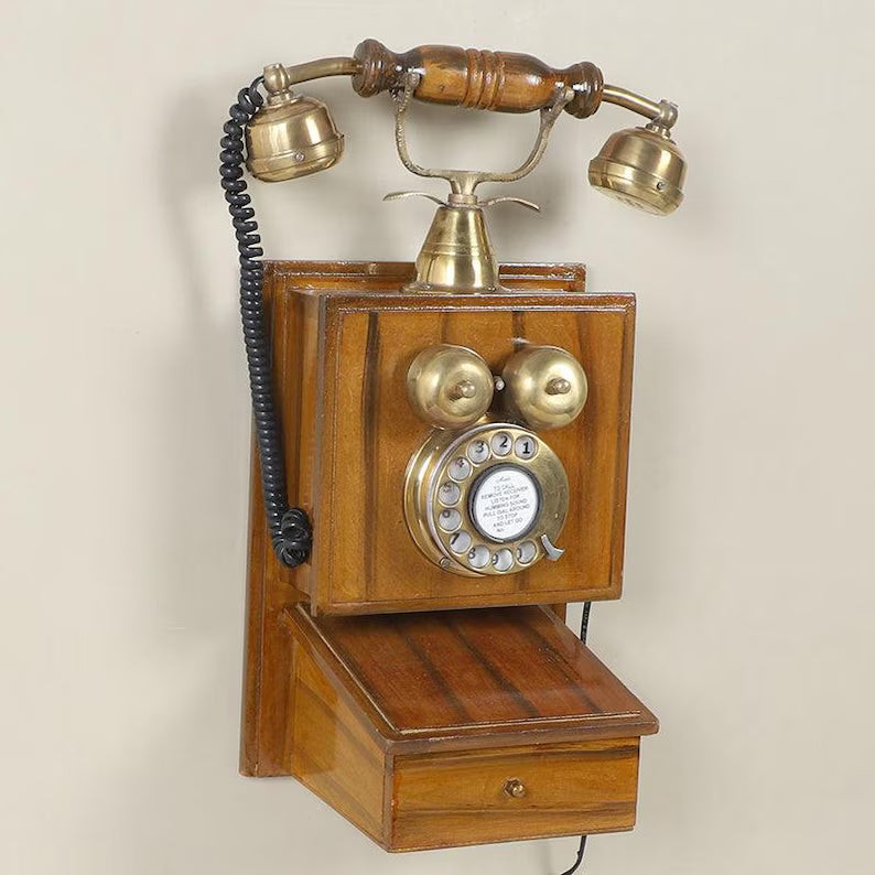 Vintage Rotary Wall Phone - Antique Wooden Wall Mount Telephone with Brass Components