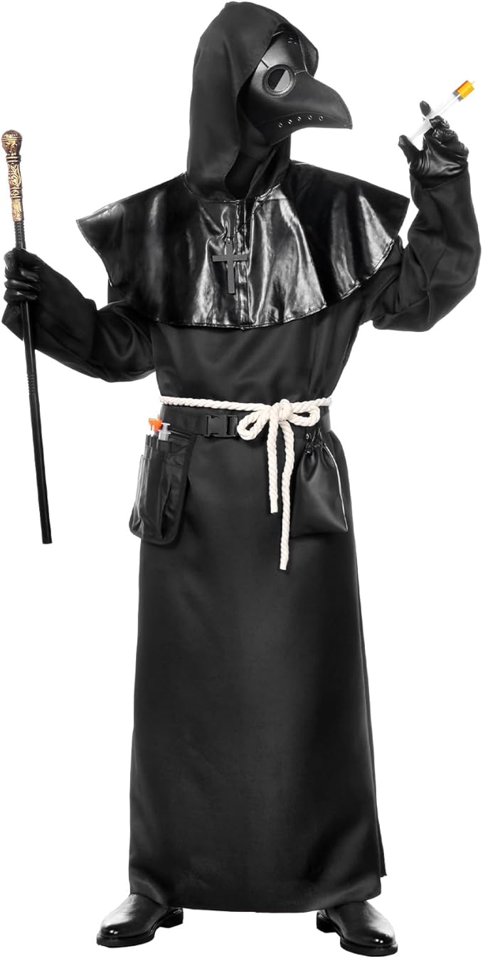 Plague Doctor Costume Suit, Plague Doctor Outfit Steampunk Fancy Dress Plague Doctor Robe with Plague Doctor Mask Scepter Cross Necklace Belt Pouch, Halloween Costumes for Adults