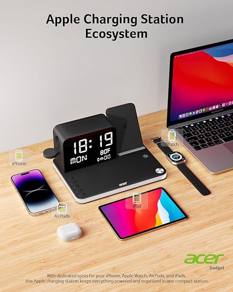7-in-1 Wireless Charging Station: Charger Stand for Multiple Devices for Apple - iPhone 16 15 14 13 12 Pro Max Apple Watch Airpods, Wireless Charger iPhone Charging Station with Bluetooth TimeSyn