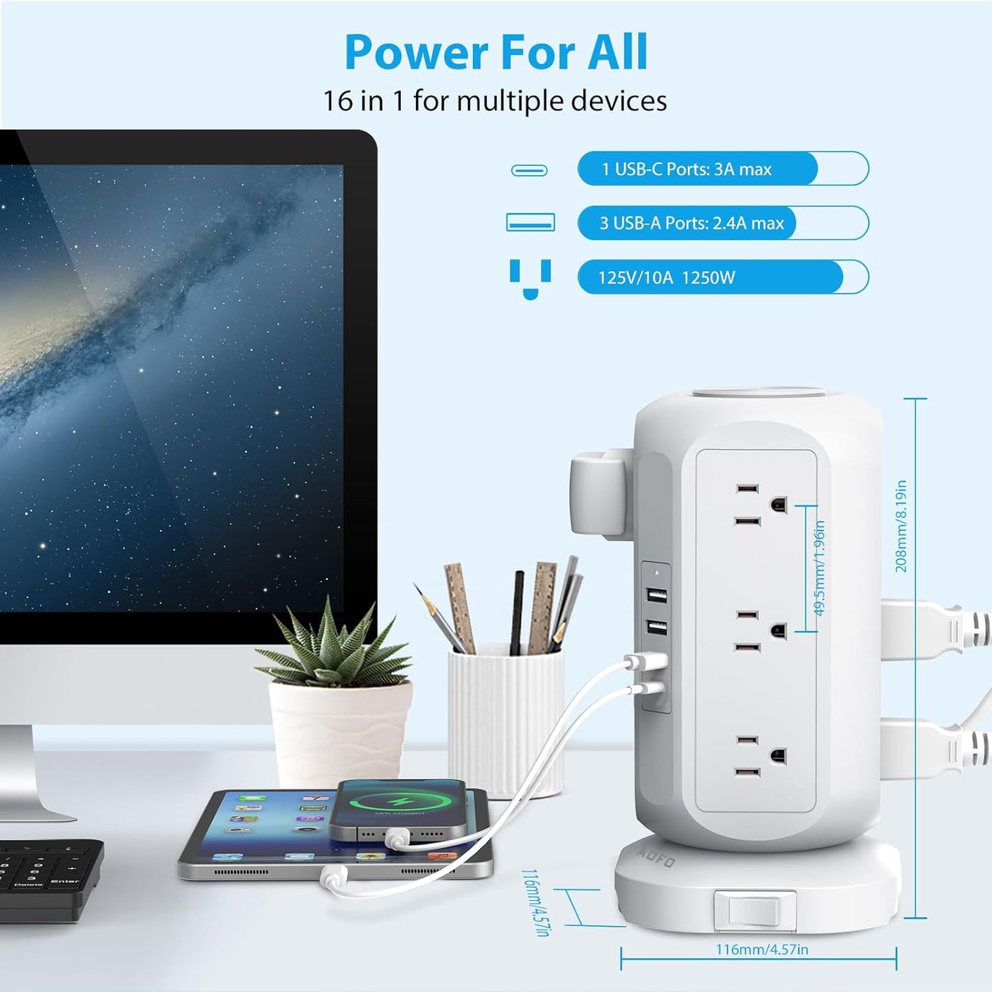 Tower Power Strip Flat Plug with 12 Outlets 4 USB(1 USB C) Surge Protector Charging Station with Overload Protection, Widely Spaced Multiple Outlets 10Ft Extension Cord for Home, Dorm,Office
