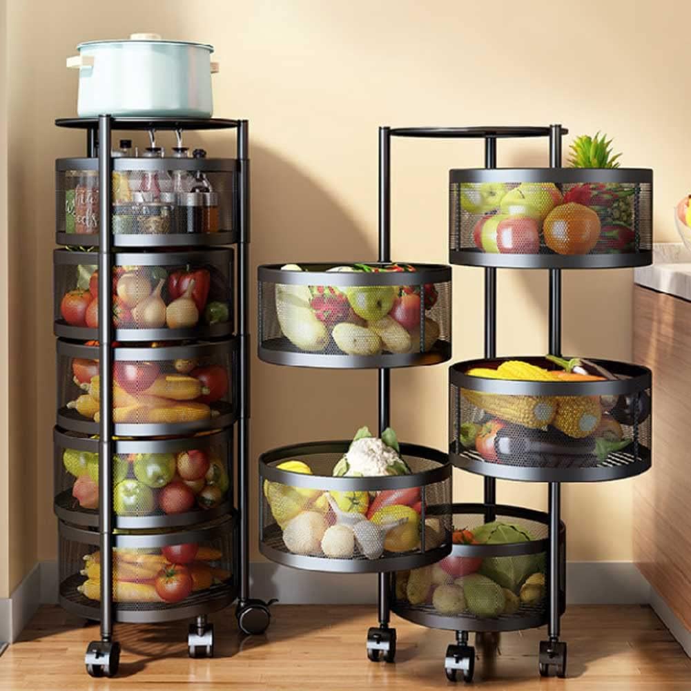 Metal Kitchen Trolley Trolley with 5 Openable Basket Shelves and 4 360 Degree Swivel Wheels Space-Saving Trolley Home Kitchen Furnishing, Size 85 x 30 cm, Modern Design (Round)