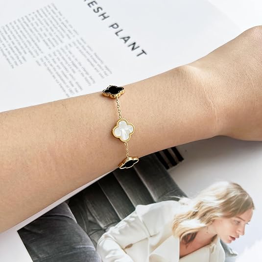 18K Gold Plated Clover Lucky Bracelet for Women White/Black/Red/Green Flower Four Leaf Link Bracelets Trendy Jewelry Gifts for Women