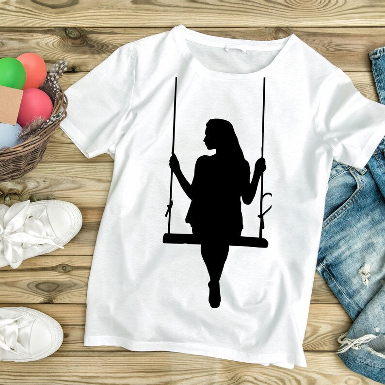 Girl cat swing svg png\ little girl with cat on swing clipart\ nursery wall decor\ printable cut file cricut silhouette digital download