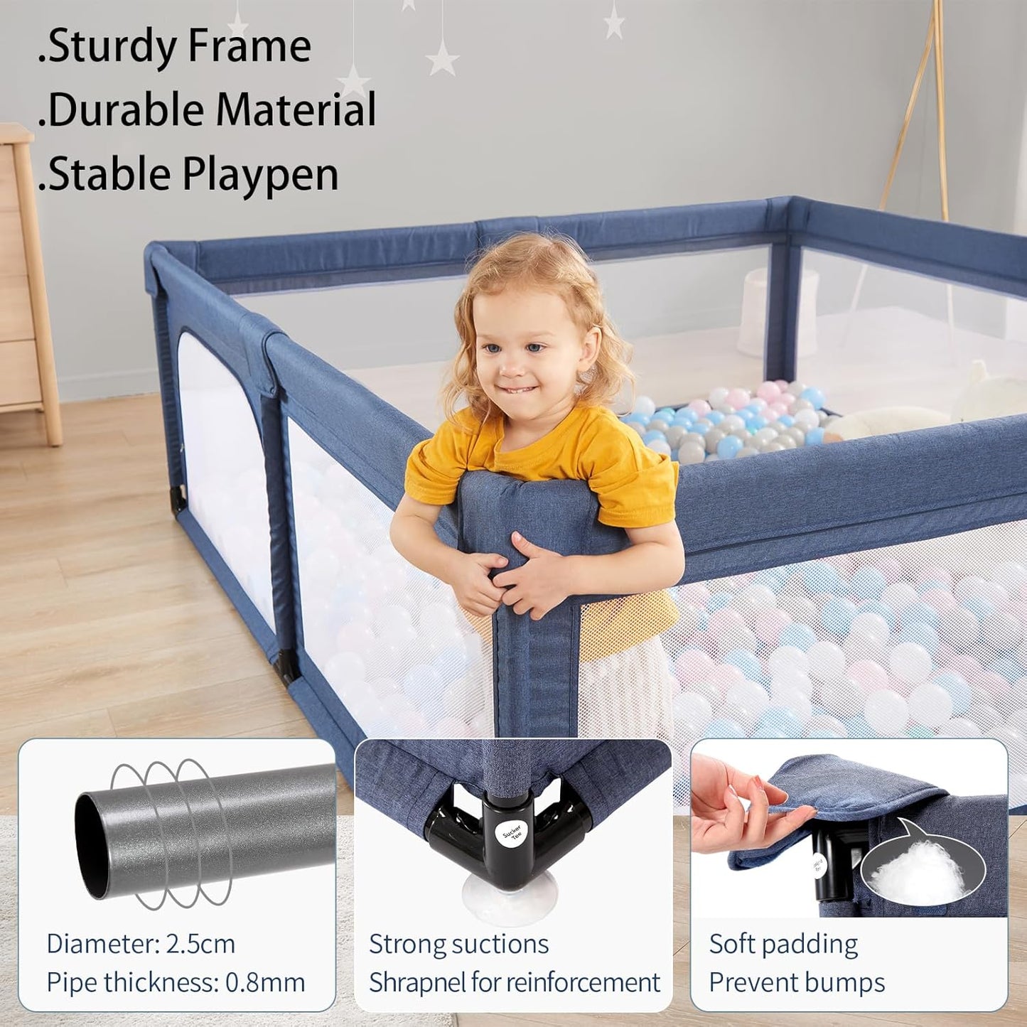 Baby Playpen,Extra Large Playpen for Babies and Toddlers, Sturdy Play Pen Play Yard with Safety Gate,79”x59”Baby Play Pen(Cationic Navy Blue)